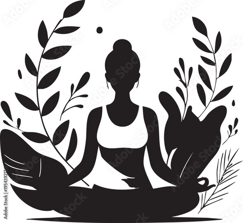 Yoga meditation vector: woman in lotus pose with floral background eps silhouette