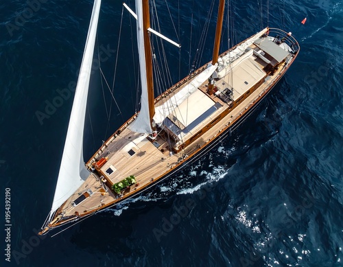 Wallpaper Mural Aerial view of a classic wooden sailing vessel cruising on deep blue ocean waters. The sunlight glints on the waves Torontodigital.ca