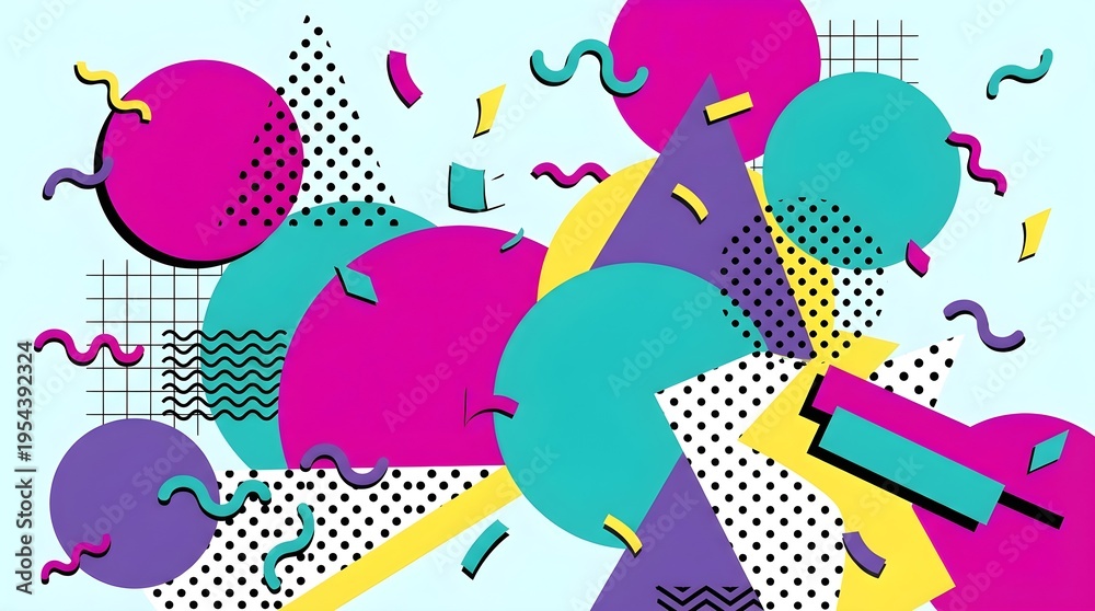 Fototapeta premium Abstract Memphis Style Geometric Background with Colorful Shapes