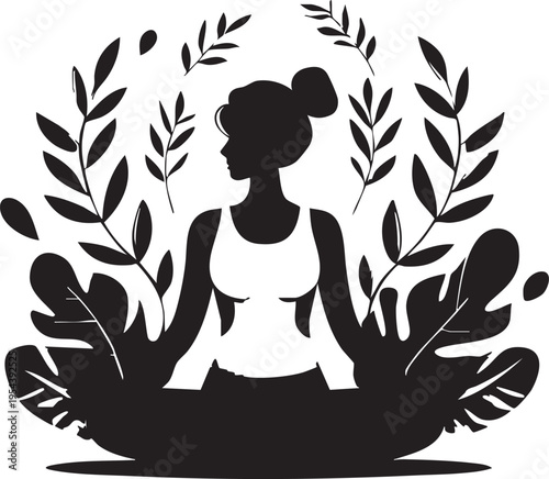 Yoga silhouette vector: woman in lotus pose with botanical elements eps