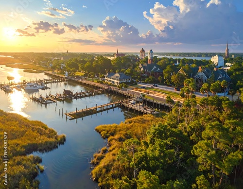 Wallpaper Mural Aerial view of a coastal town during sunset, with a marina, buildings, and lush greenery. The sky shows warm hues Torontodigital.ca