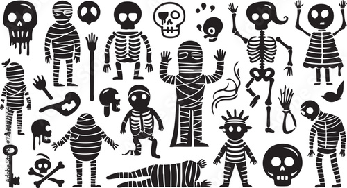Halloween vector pack: skulls, skeletons, and mummies - black silhouette illustrations eps