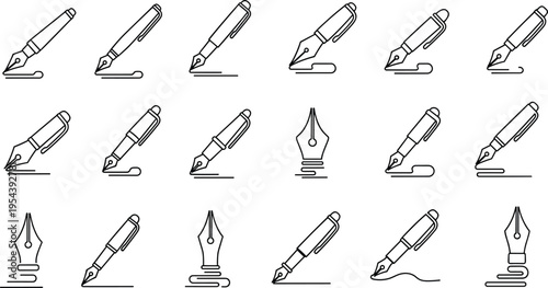 Fountain pen nib and writing icons set with ink strokes calligraphy tools outline vector illustration