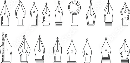 Fountain pen nib icons set outline style calligraphy pen tips collection vector illustration