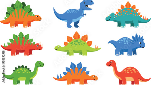Cute Dinosaur Collection with Colorful Cartoon Prehistoric Animals Set for Kids Education Nursery Design and Fun Jurassic Theme Vector Illustration