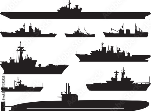 Naval ships silhouettes vector: military vessels, warships, submarines eps