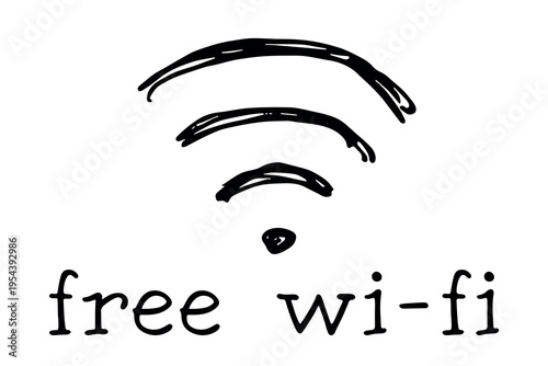 Hand drawn free wifi spot zone sign Public wi-fi area sign Wireless internet clipart in doodle style Single element for print, web, design, decor 3G, 4G, 5G, 6G, IoT