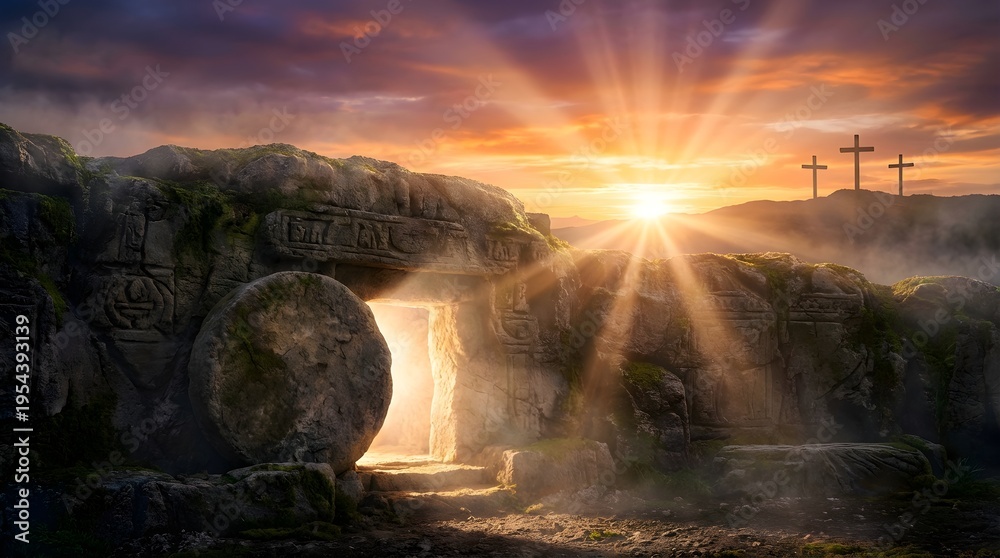 Obraz premium Resurrection of Jesus Christ with empty tomb and crosses at sunrise