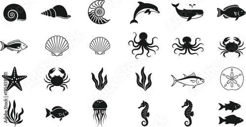 Marine animal silhouette icon set with fish, shells, octopus, crab, dolphin and sea plants, underwater wildlife collection for ocean design, logo and education use