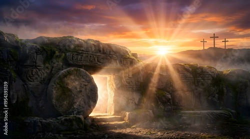Resurrection of Jesus Christ with empty tomb and crosses at sunrise