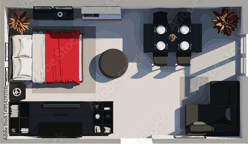 Modern bedroom and dining area top view interior layout, stylish apartment floor plan with bed, dining table, sofa and furniture arrangement vector illustration