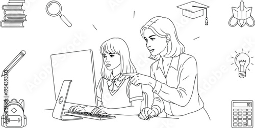 Adult woman teaching young girl on laptop, surrounded by education and learning icons, tutoring concept