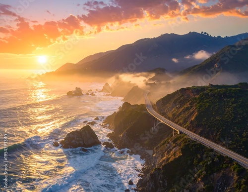 Wallpaper Mural Aerial view of a coastline at sunset. The ocean meets rocky shores with a bridge spanning over the water, under a glowing sky Torontodigital.ca