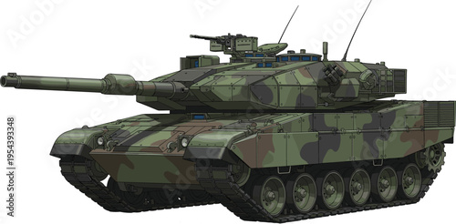 Modern military tank vector illustration with camouflage pattern, armored combat vehicle isolated on white background, heavy army equipment design for defense, warfare and security concepts