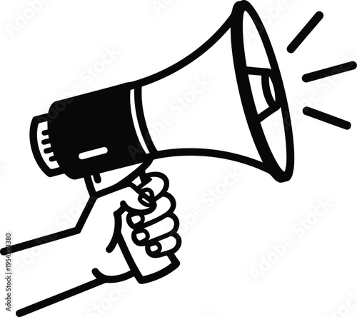 Hand holding a megaphone, symbolizing public announcement, communication, marketing, and attention