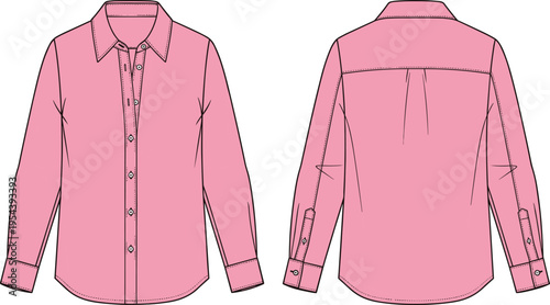 Pink long sleeve button down shirt vector template showing front and back views, detailed cuffs and collar, clean flat fashion mockup for apparel design use