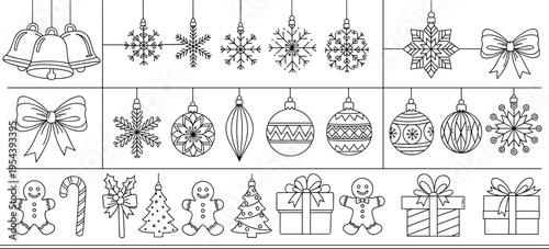 Christmas Outline Icon Set with Snowflakes Ornaments Gifts Gingerbread Candy Cane Bells and Holiday Decorations Line Vector Collection