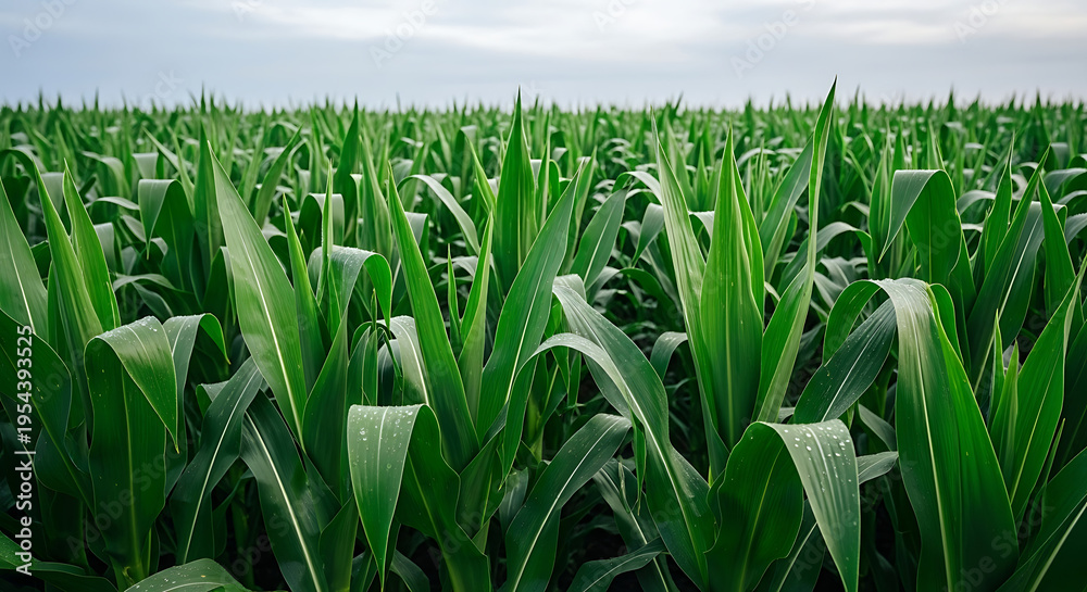 Fototapeta premium Aerial view of young corn plants growing in perfect rows on fertile soil