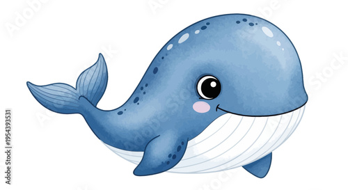 Cute cartoon blue whale illustration, isolated on white background