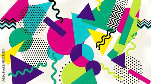 Vibrant Retro Geometric Abstract Design with Memphis Style Shapes