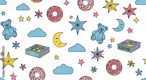 Cute Seamless Pattern: Teddy Bears, Donuts, Stars, Moon, and Clouds for Kids