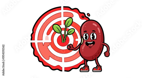 Cartoon Kidney Character with Target and Sprout - Health Goal Concept
