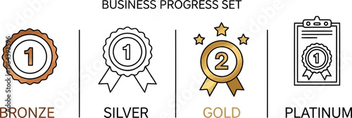Business progress tiered awards set with bronze silver gold platinum ribbons and badges