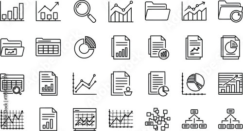Business data analytics icon set with growth charts, documents, and financial statistics graphics