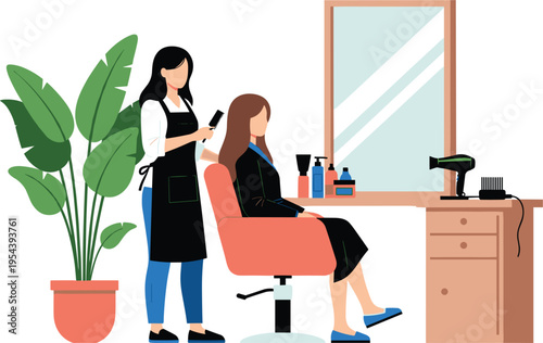 Professional hairstylist cutting woman hair in modern beauty salon interior, flat vector illustration with mirror chair hairdryer tools and indoor plant, hairstyling service concept