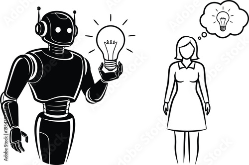 Robot presents idea lightbulb to woman with thought bubble, AI innovation and creative solution