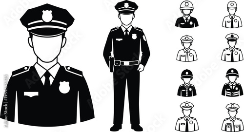 Police officer uniformed silhouettes and icons representing law enforcement personnel collection