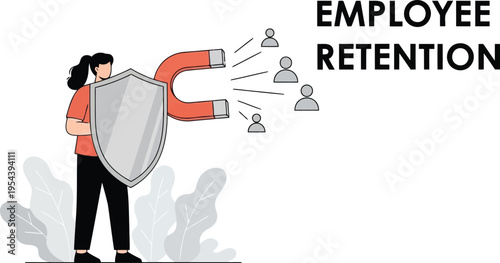Employee retention strategy: woman protecting workforce with magnet attracting talent and loyalty