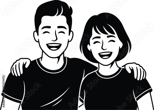 Joyful cartoon couple laughing together, embracing friendship and happiness in a monochrome illustration