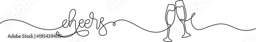 Minimalist continuous one-line drawing of two wine glasses with cheers text. 