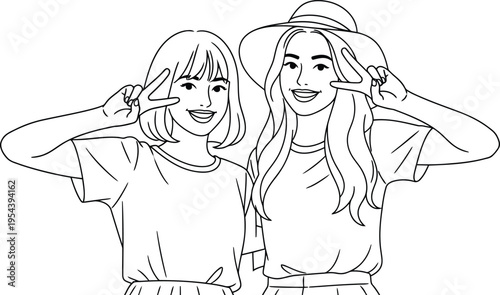 Happy young women friends smiling and making peace signs, cheerful summer vibes