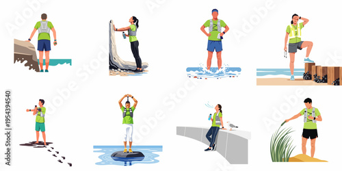 Set of illustrations featuring male and female runners and hikers in athletic gear during various outdoor activities along a scenic coastline.