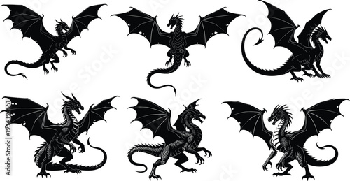 Silhouette illustrations of fantasy dragons with wings, tails, claws, and horns, flying and standing in dynamic poses, representing mythology, storytelling, and legendary creature artwork.