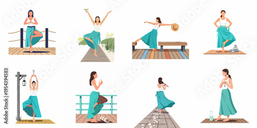 Set of eight minimalist illustrations featuring a woman in various yoga and meditation poses in serene outdoor and indoor settings
