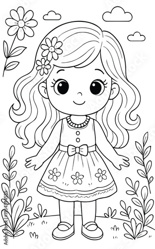 Adorable cartoon girl with long wavy hair and a floral dress, standing cheerfully in a whimsical garden ready for creative coloring