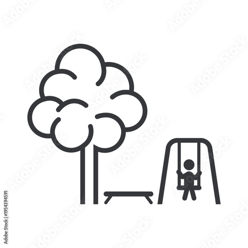 Isolated outline black and white pictogram of playground with tree, bench, and swing representing public park recreation, relaxation, and outdoor leisure