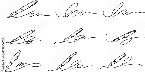 Fountain pen signature strokes set with elegant handwritten lines and ink flow vector illustration