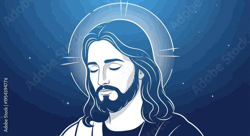 Jesus Christ Portrait with Halo and Blue Cosmic Background