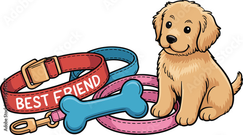 A cute cartoon puppy sitting with colorful dog collars and a bone