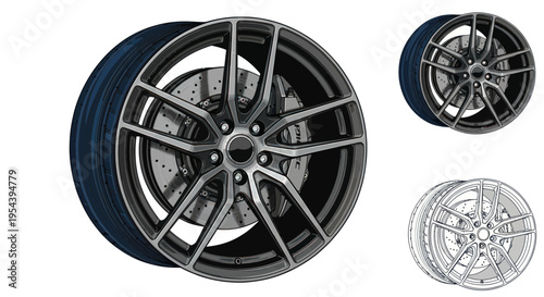 Modern Alloy Car Wheel with Tire and Brake Disc, 3D Rendered