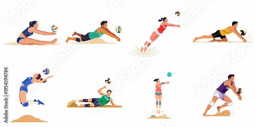 Collection of flat vector illustrations depicting male and female athletes in various dynamic action poses while playing beach volleyball on a white background.