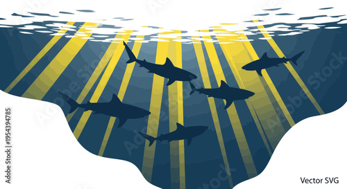 Group of sharks swimming in deep blue ocean water with sun rays