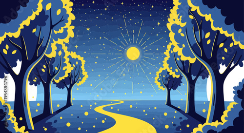 Mystical starry night sky with sunburst over winding path and trees