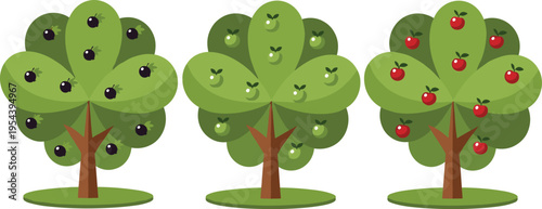 Stylized illustration of three fruit trees with green leafy canopies, bearing purple berries, green apples, and red apples, representing agriculture, nature, and educational artwork design.