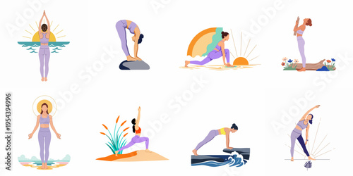 Collection of flat vector illustrations depicting women practicing yoga poses in nature settings like beaches and mountains during sunrise and sunset.