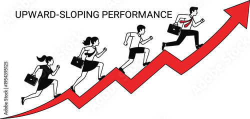 Business people running upward on performance arrow illustrating growth, success, and career progression